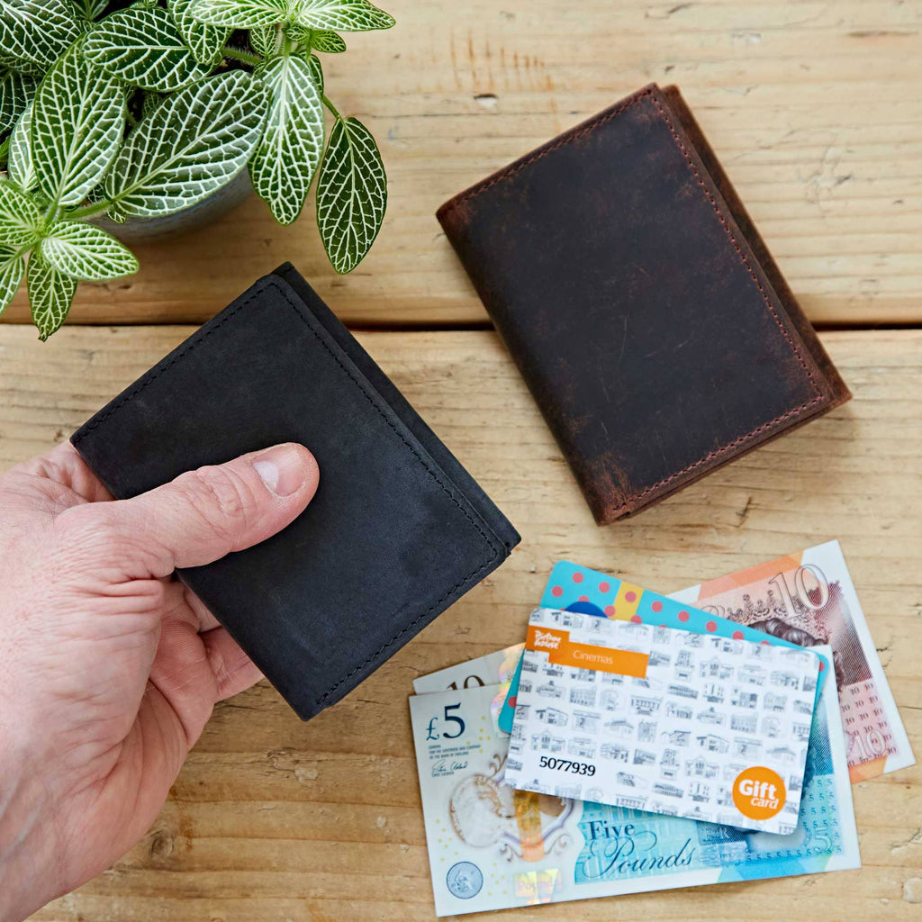Genuine Handmade Buffalo Leather Trifold Wallet: Black or Brown - Paper High - ArchieSoul Men