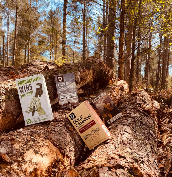 Duke cannon soap in the woods.