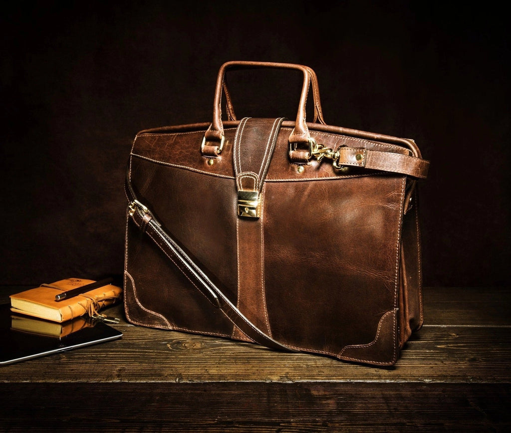 Full Grain Leather Briefcase Laptop Bag / Corsican Pine - ArchieSoul Men