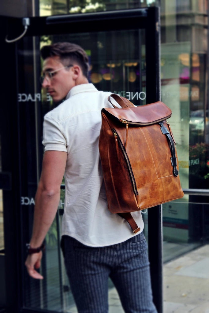 Otley Top Grain Buffalo Leather Mens Backpack Laptop Bag Travel Bag - ArchieSoul Men