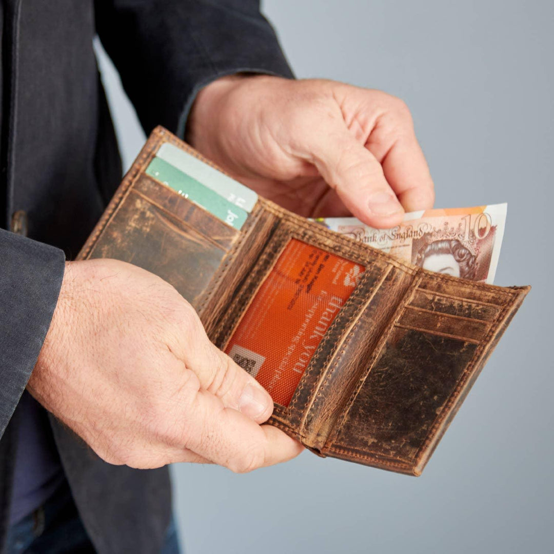 Genuine Handmade Buffalo Leather Trifold Wallet: Black or Brown - Paper High - ArchieSoul Men